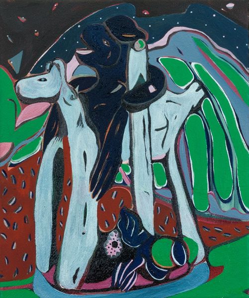 Giulia Mangoni, Giorgio & il Drago di Broccostella (Notturno), 2020, olio su tela, 30 x 25 cm.